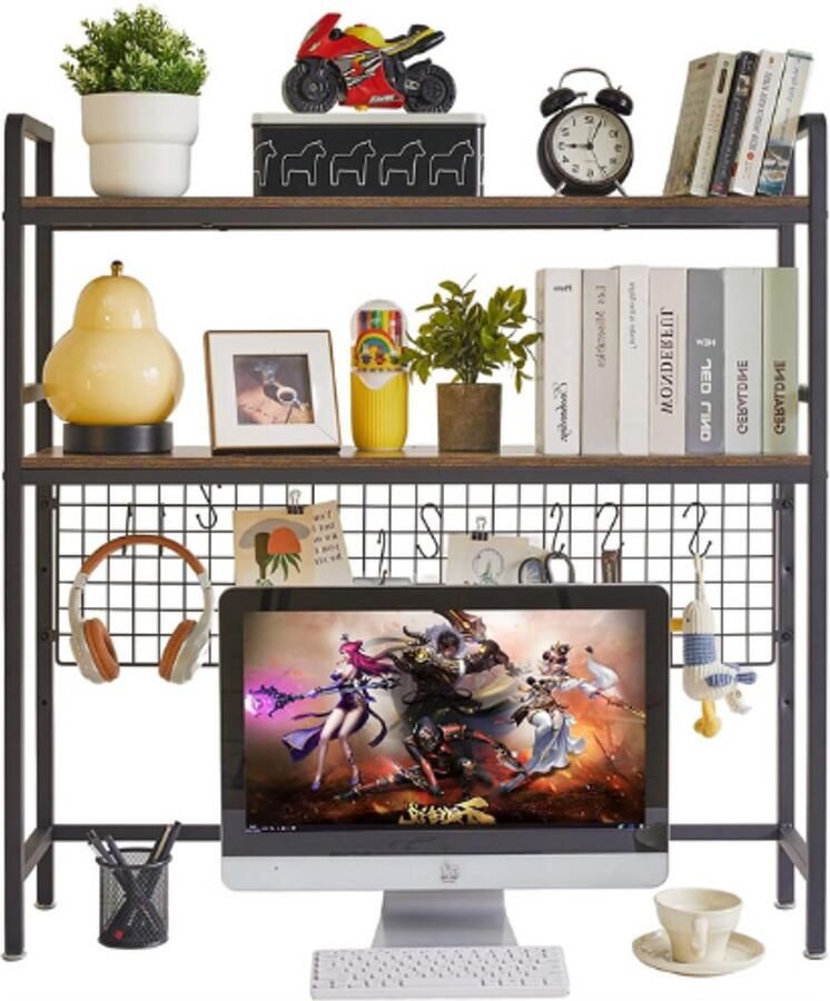 PEAM Computer Desktop Boekenkast 2-Tier 90 cm Multifunctionele Houten Bureauhok Boekenplank Voor Computer Met Verstelbare Plank Display Rack Bureau Organizer Voor Kantoor Thuis Slaapzaal Bruin