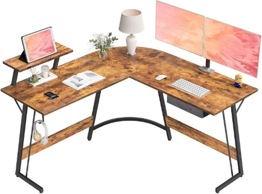 PEAM Computer Gaming Hoekbureau voor Gaming 130 x 130 cm L-vormige Tafel met Schermhouder Haak voor Hoofdtelefoon Opslag Lade voor Studie Spelen Werken Thuis Rustiek Bruin