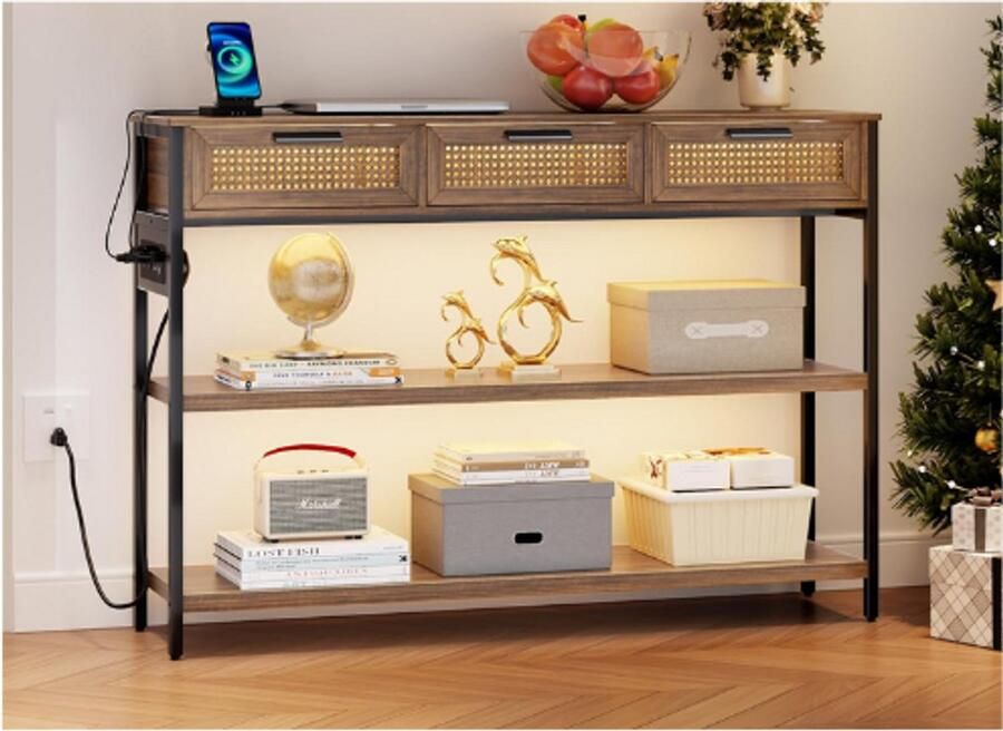 PEAM Consoletafel Met Ledverlichting Verstelbare Poten Banktafel Met 3 Laden Stopcontacten & USB Bijzettafel Met Smart Laadstation Voor Woonkamer & Entree