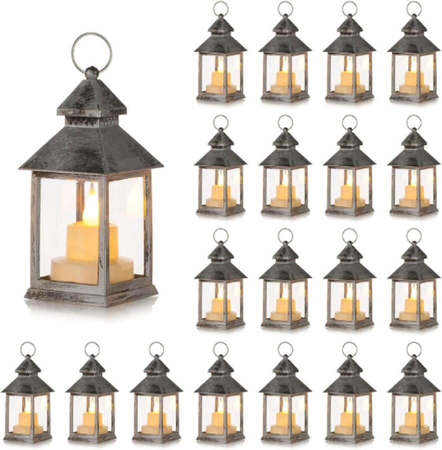 PEAM Decoratieve LED Kaars Lantaarn – 20 Stuks Opknoping Kleine Zilveren Lantaarn Bulk Voor Halloween Kerst Decoratie Bruiloft Decor Marokkaanse Ramadan Tafel Middenstuk Ramadan