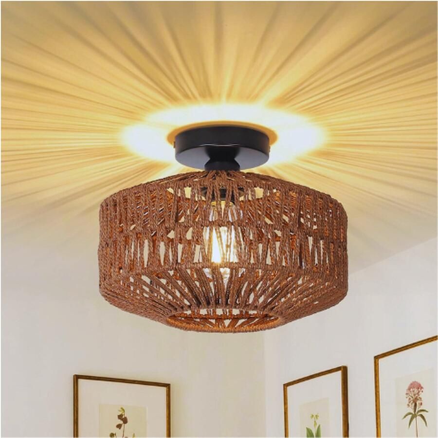 PEAM Donkerbruine Rotan Plafondlamp Boho Plafondlamp Met Rotan Lampenkap Vintage Bamboe Plafondlamp Rustieke Rotan Plafondlamp Woonkamer Boho Mandlamp Voor Slaapkamer Keuken Hal