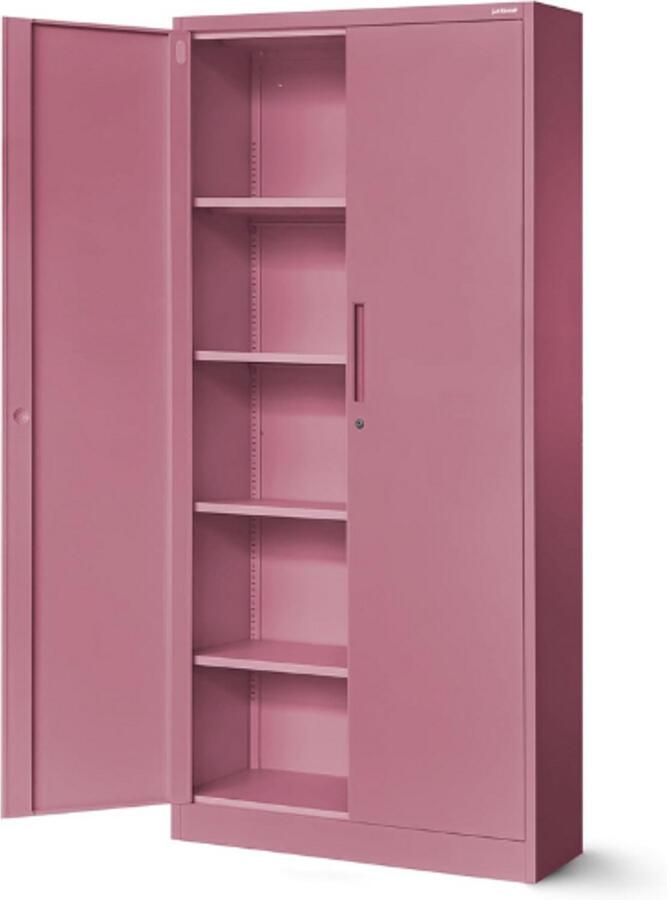 PEAM Dossierkast-Kantoorkast-Metalen-Kast-Met-4-Verstelbare-Planken-Afsluitbaar-Gepoedercoat-195x90x40-Cm-Roze