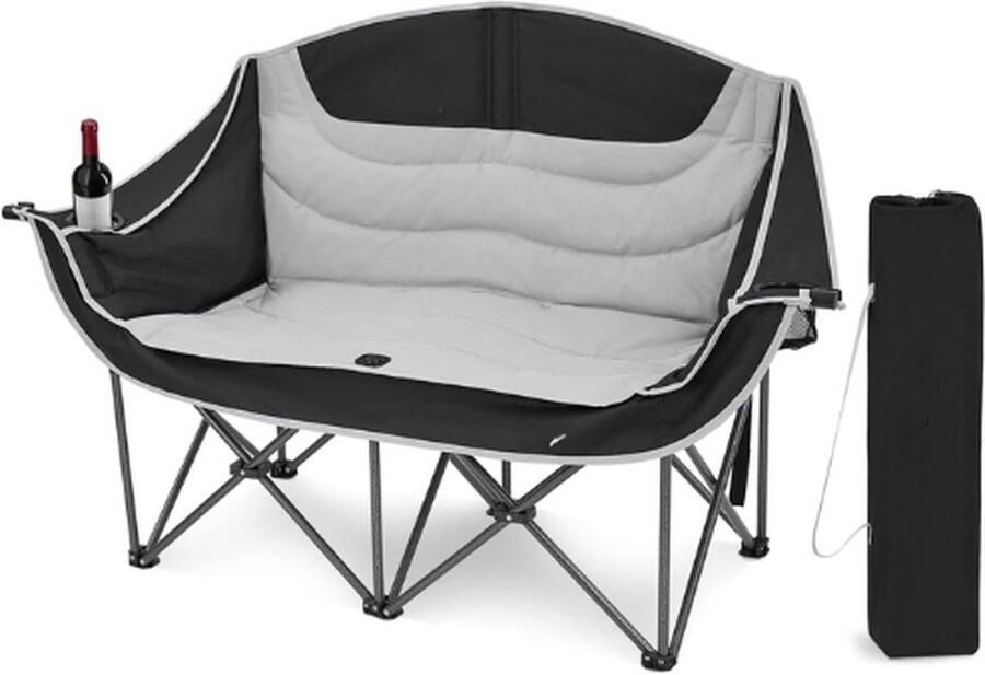 PEAM Dubbele Campingstoel Opvouwbaar Comfortabel Gestoffeerd 2-Zits Met Bekerhouder en Armleuning Oversized Inklapbare Tuinstoel Voor Camping Picknick Vissen Zwart Grijs