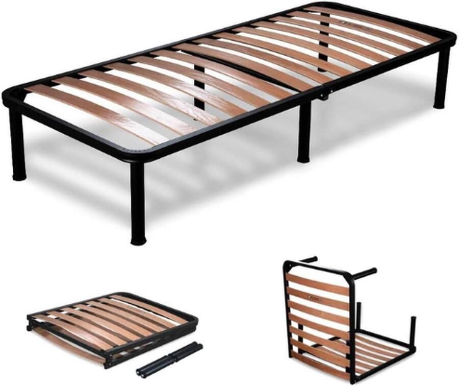 PEAM Eenpersoons Opklapbare Bed Frame 90x200 H 35cm Houten Lattenbodem Orthopedisch met 6 Afneembare Poten Ijzeren Draagstructuur Opvouwbaar Ingebouwde Bedbodem voor Alle Bedden en Matrassen