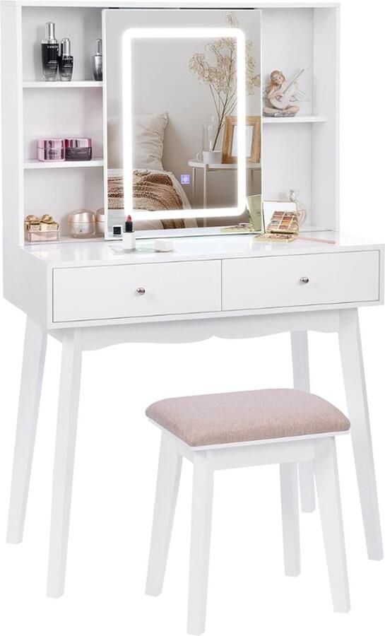 PEAM Elegante Make-Uptafel Wit Met Verlichting En Schuifspiegel – Inclusief Kruk En 2 Laden