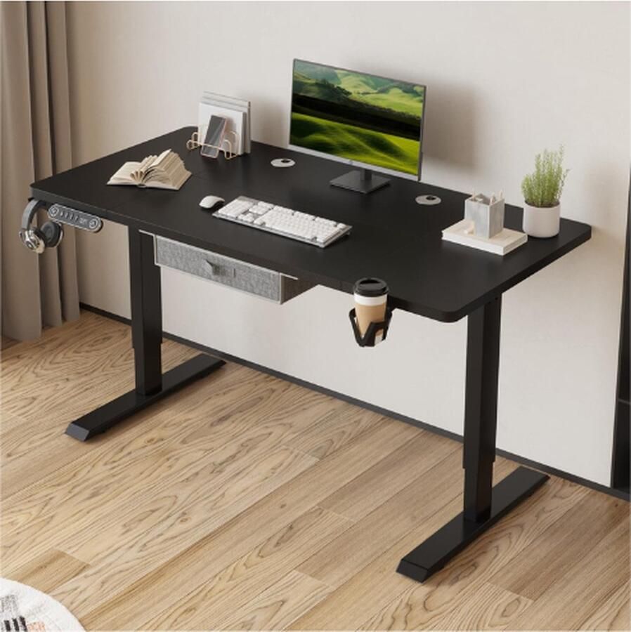 PEAM Elektrisch In Hoogte Verstelbaar Staand Bureau Splice Board Thuiskantoor Computer Statafel Ergonomisch Bureau Met Monitorplank (Zwart 140 x 76 Cm)