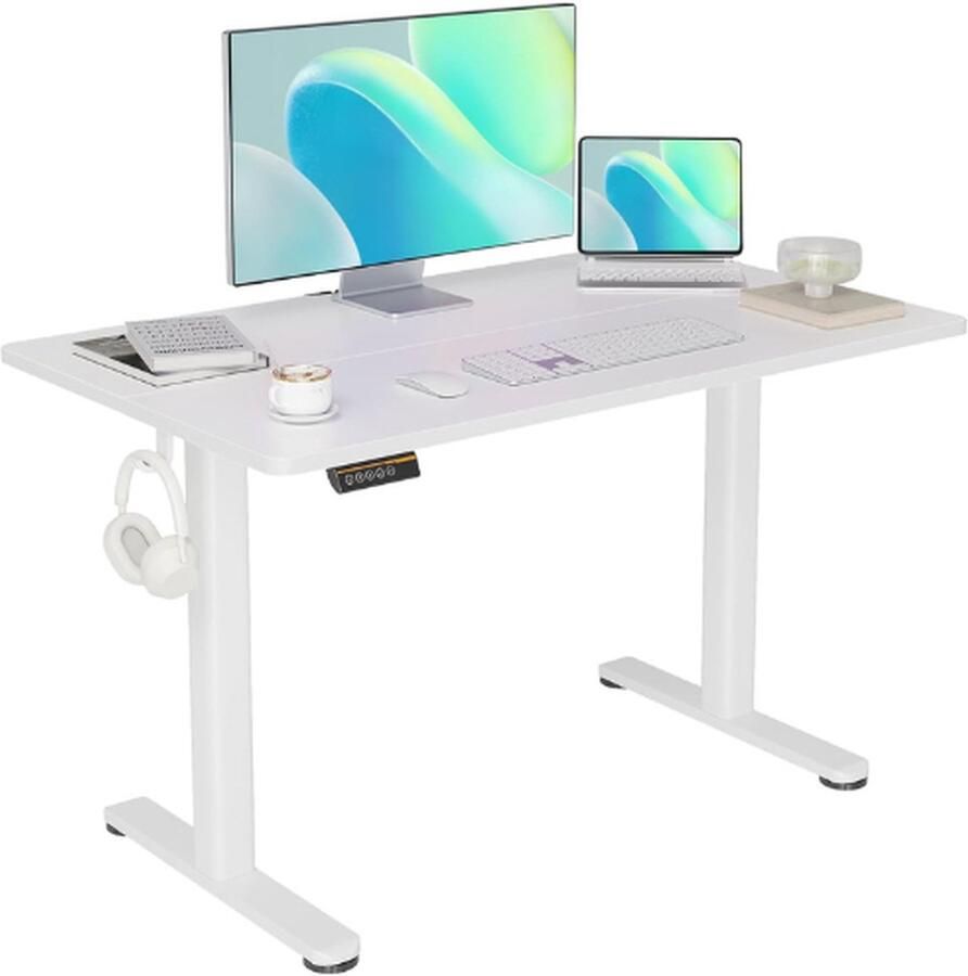 PEAM Elektrisch Sta-Bureau 120x60 Cm In Hoogte Verstelbaar Bureau Met Kabelbeheer Computerbureau Zit Sta Standaard Met Geheugenfunctie En Botsingsbeveiliging Wit