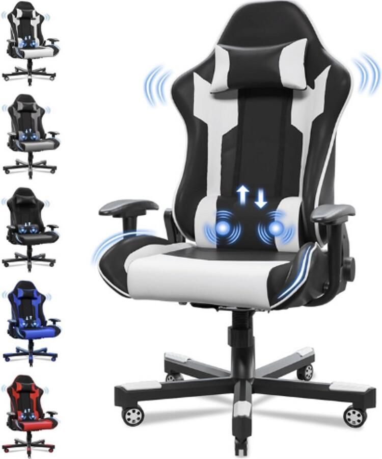 PEAM Ergonomisch Met Lendensteun Computerstoelen Racing Bureaustoelen Stoel Massage Gamingstoel Belastbaar Tot 150 Kg Wit XL