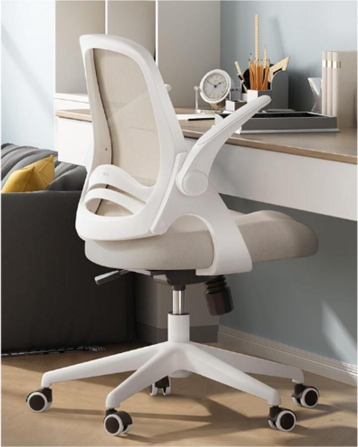 PEAM Ergonomische Bureaustoel 360° Draaibare Stoel Inklapbare Armleuningen Comfortabele Canvas Zitting In Hoogte Verstelbaar Grijs