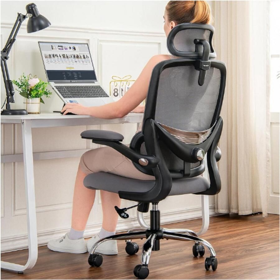 PEAM Ergonomische Bureaustoel Draaibaar & Verstelbaar Mesh Hoge Rugleuning Lendensteun & Opklapbare Armleuningen Tot 150 kg