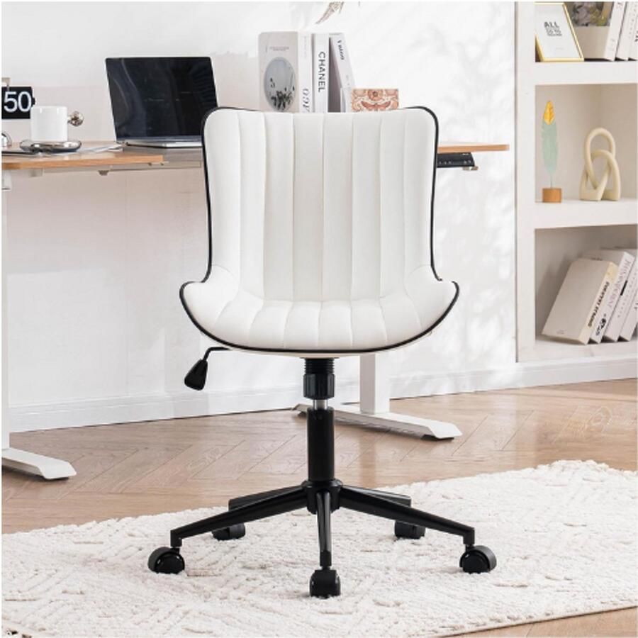 PEAM Ergonomische Bureaustoel In Hoogte Verstelbare Draaistoel Met PU-Lederen Bekleding Kantelfunctie Witte Computerstoel Met Wielen Belastbaar Tot 136 Kg
