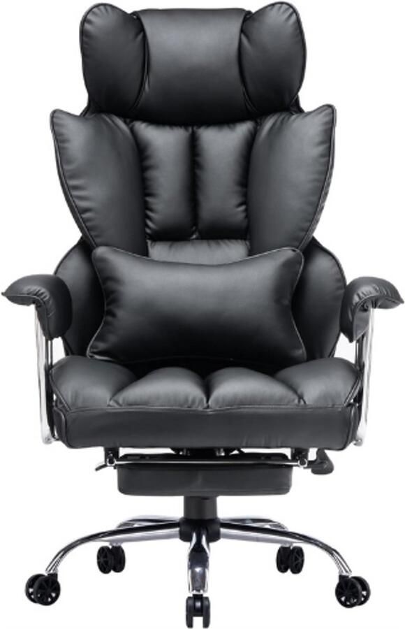 PEAM Ergonomische Bureaustoel Luxe Directiestoel Verstelbare Bureaustoel tot 150 KG Comfortabele Werkstoel Inclusief Voetsteun Hoge Rugleuning PU Leer Zwart