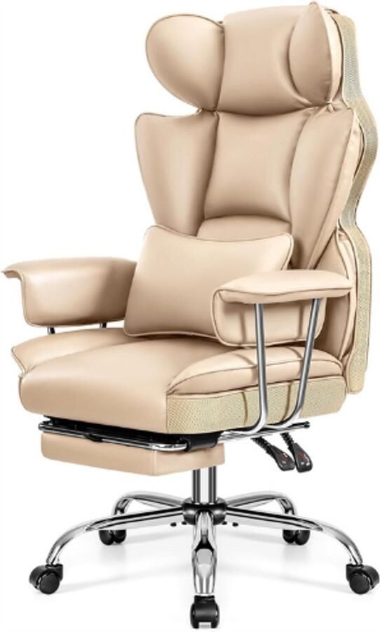 PEAM Ergonomische Bureaustoel Luxe PU-Lederen Stoel Met Hoofdsteun & Lendensteun Verstelbare Rugleuning 90°-135° Met Voetsteun 200KG Draagvermogen Beige