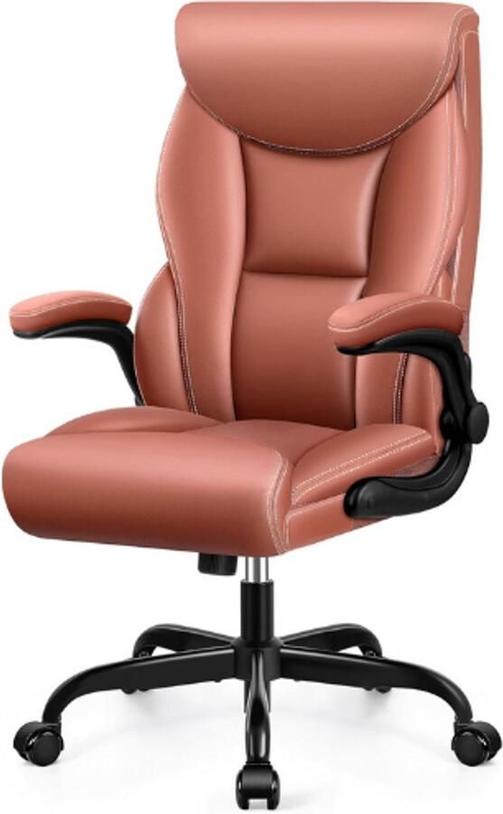 PEAM Luxe Ergonomische Bureaustoel Grote En Hoge Managersstoel Comfortabele PU-Lederen Draaistoel Met Schommelfunctie Verstelbare Computerstoel Mat Bruin