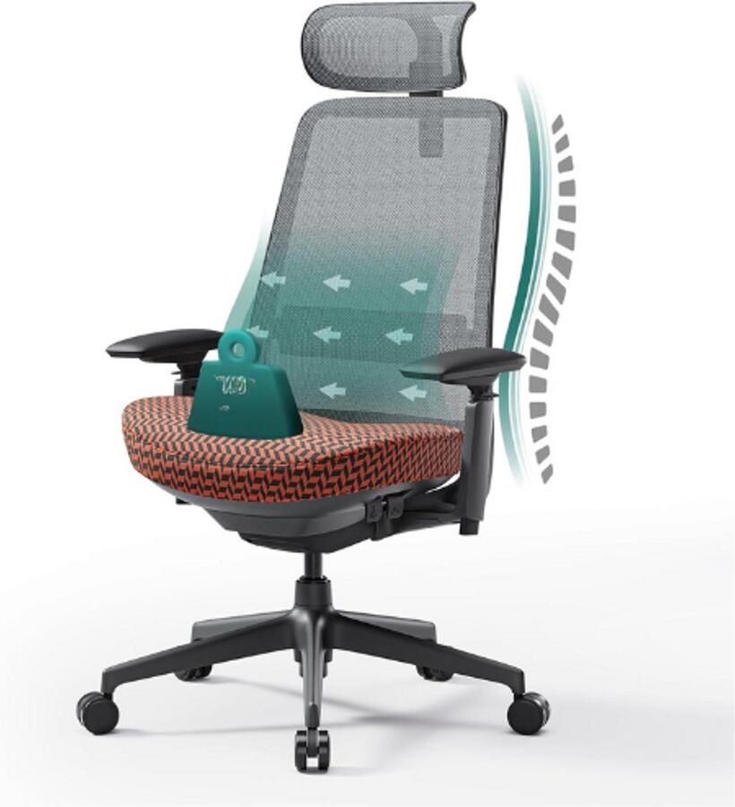 PEAM Ergonomische Bureaustoel Mesh High Back Stoel Computer Executive Bureaustoel Met Lendensteun Verstelbare Hoofdsteun & 4D Armen Schuifzitting Koraal En Grijs