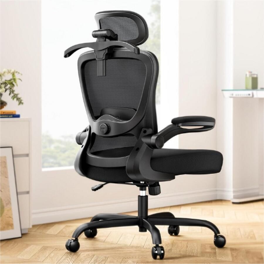 PEAM Ergonomische Bureaustoel Met 3D-Hoofdsteun Lendensteun Inklapbare Armleuningen Kantelvergrendeling Comfortabel Dik Zitkussen Belastbaar Tot 136 KG Zwart