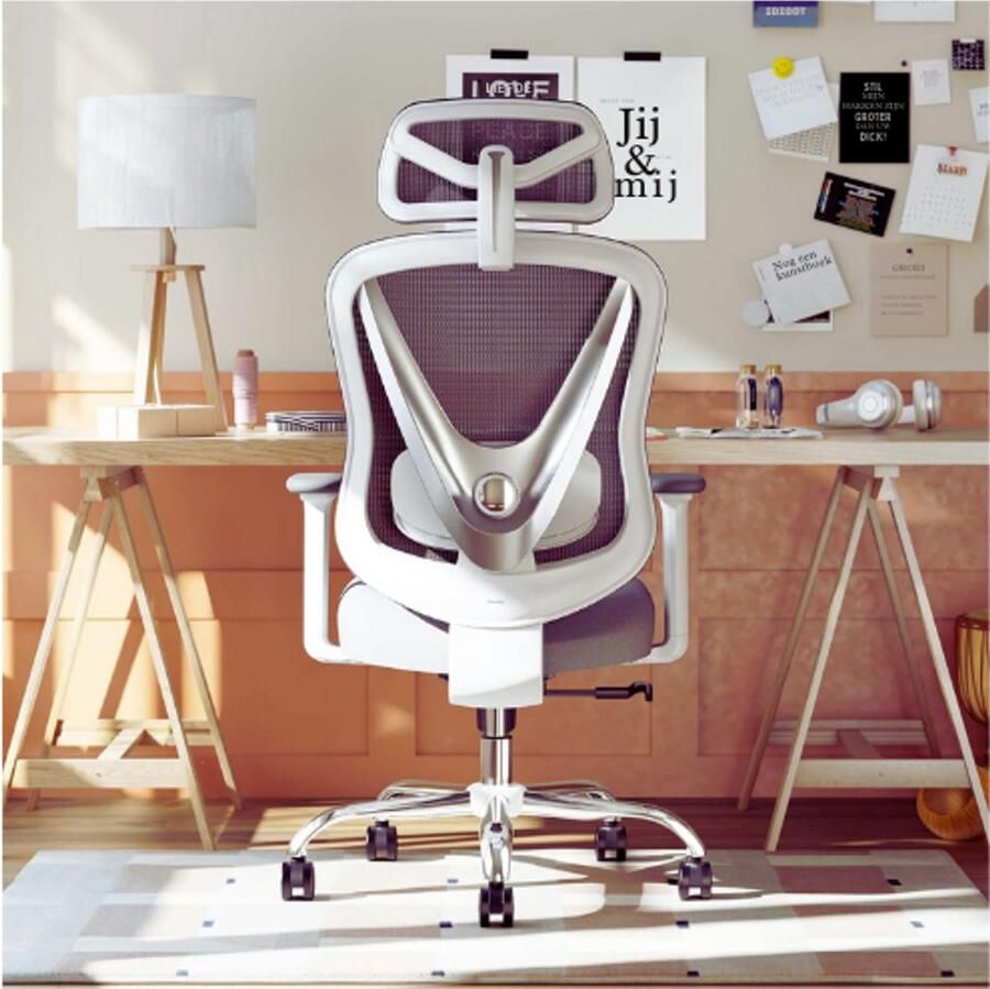PEAM Ergonomische-Bureaustoel-Met-3D-Lendensteun-En-Verstelbare-3D-Armleuningen-V-Vormig-Comfortabele-Bureaustoel-Kantoor-Thuis-Wit