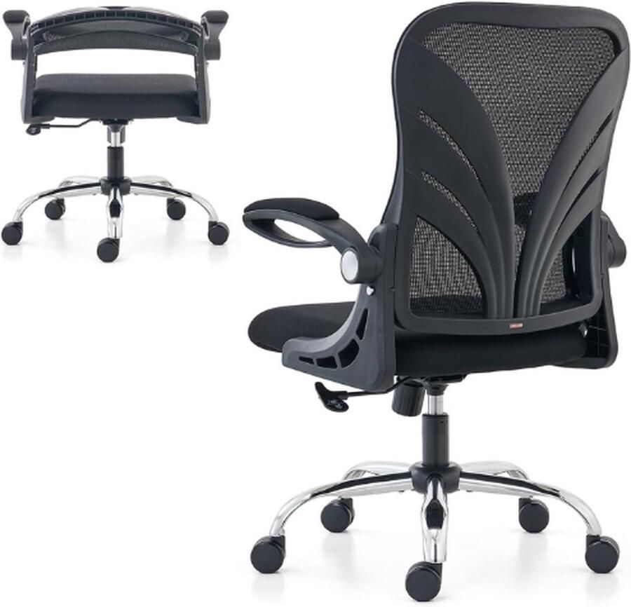 PEAM Ergonomische Bureaustoel Met Opvouwbare Rugleuning Computerbureaustoel Met Opklapbare Armleuningen Mesh Lendensteun En Kantelfunctie Grote En Hoge Bureaustoel Zwart
