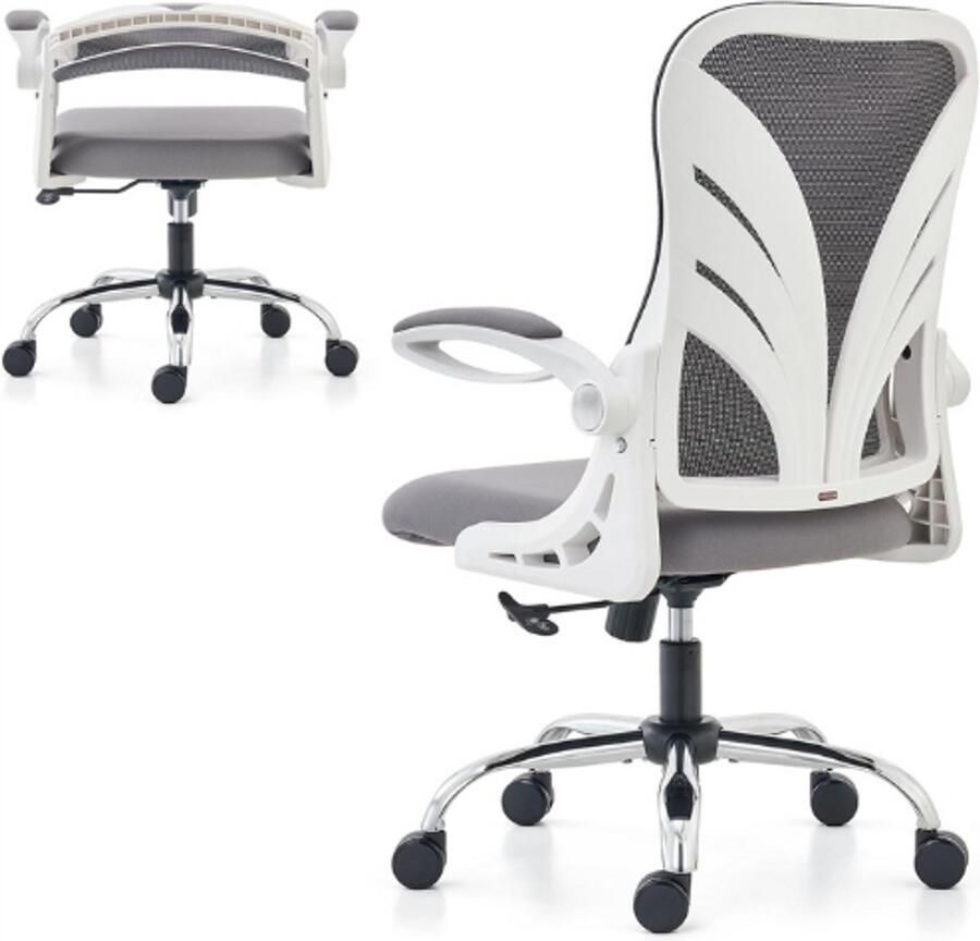 PEAM Ergonomische Bureaustoel Opvouwbare Rugleuning & Opklapbare Armleuningen Ademend Mesh Verstelbare Werkstoel met Hoge Rugleuning (Zwart Wit)