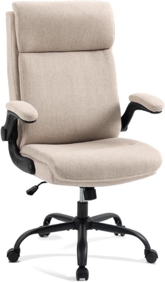 PEAM Ergonomische Bureaustoel Met Rugleuning Opklapbare Armleuning Hoge Rugleuning In Hoogte Verstelbaar Kantelfunctie (Bureaustoel Stof Beige Max. 150 Kg)
