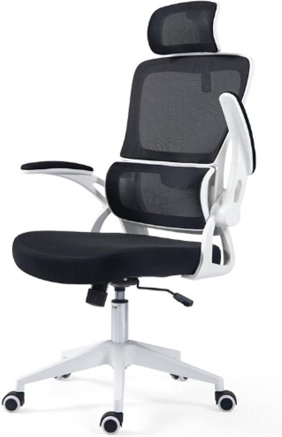 PEAM Ergonomische Bureaustoel Met Verstelbare Hoofdsteun En Lendensteun Mesh Hoge Rugleuning Draaibare Gevoerde Opklapbare Armleuningen Wit