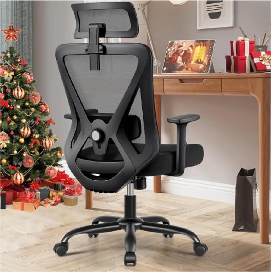 PEAM Ergonomische Bureaustoel Verstelbare Kantoorstoel met Lendensteun Ademend Netstof Hoge Rugleuning Zwart