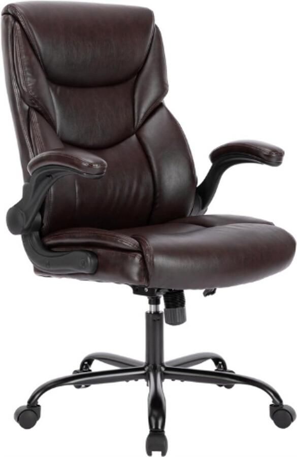PEAM Ergonomische-Bureaustoel-PU-Leer-Opklapbare-Armleuningen-Hoge-Rug-In-Hoogte-Verstelbaar-Computerstoel-Draaibaar-Bruin