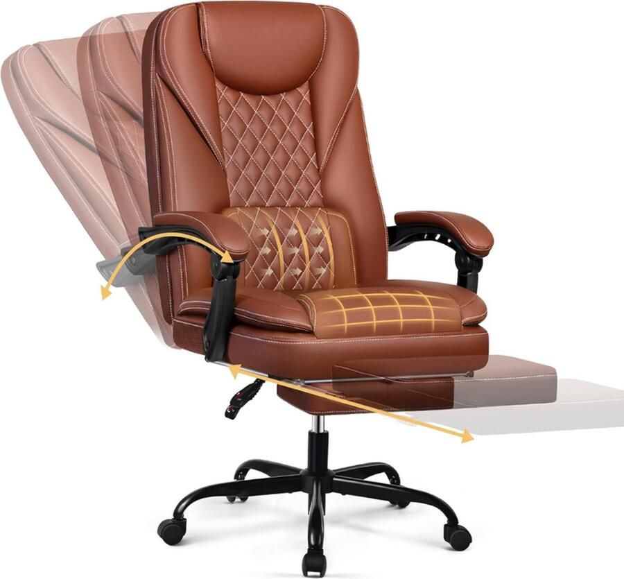 PEAM Ergonomische Bureaustoel van Lederen Materiaal Tot 140 Graden Kantelfunctie met Voetensteun Hoofdsteun en Draaifunctie Bruin
