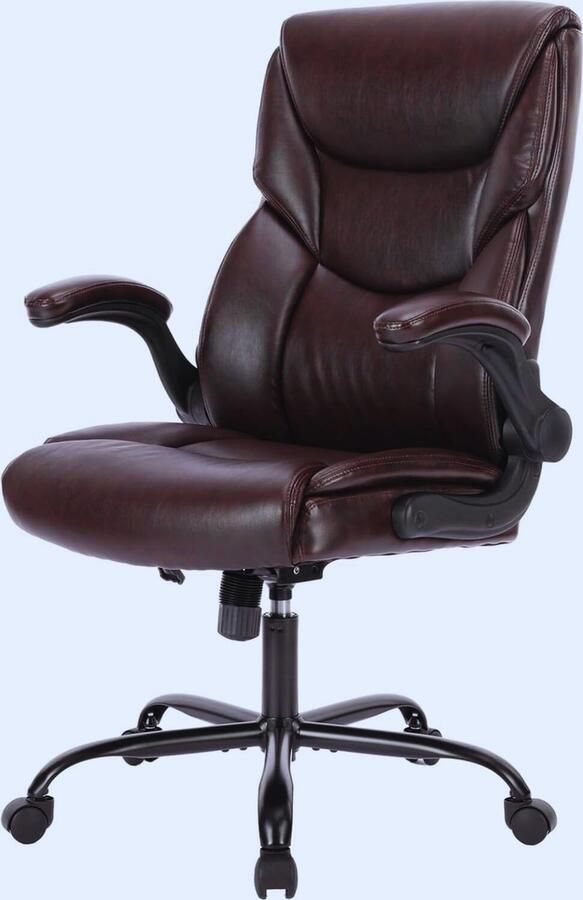 PEAM Ergonomische Bureaustoel Van PU-Leer Met Opklapbare Armleuningen Verstelbare Hoogte En Draaibaar Bruin – Comfortabele Werkstoel Met Hoge Rug