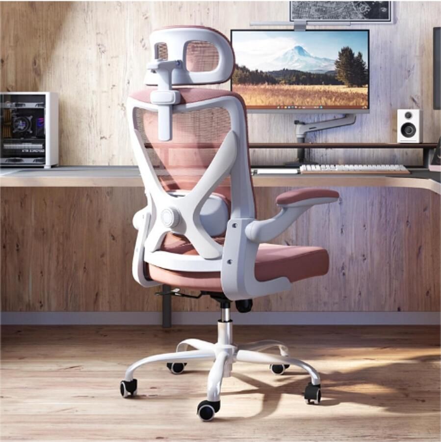 PEAM Ergonomische Bureaustoel X-Vormig Design Comfortabele Gaming & Computerstoel Lendensteun & Hoofdsteun Ademend Mesh Roze