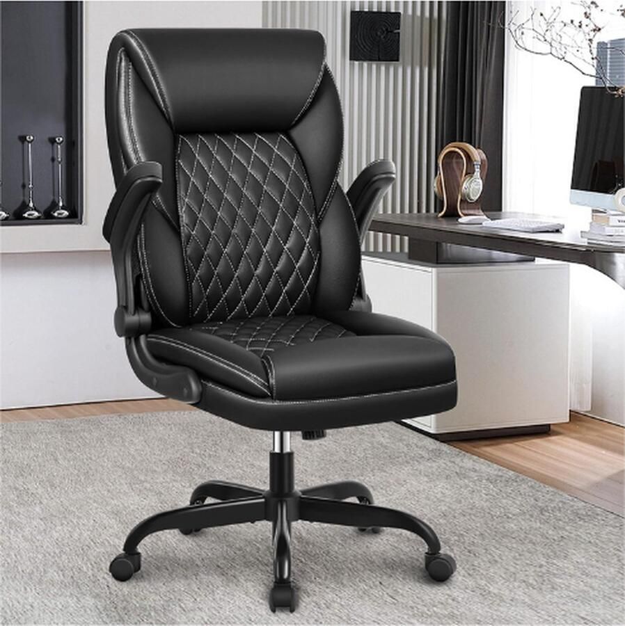 PEAM Executive Directiestoel Bureaustoel Groot En Hoog Leer Ergonomische Bureaustoel Hoge Rugleuning Thuiskantoor Bureaustoelen Met Opklapbare Armen En Lendensteun Draaistoel