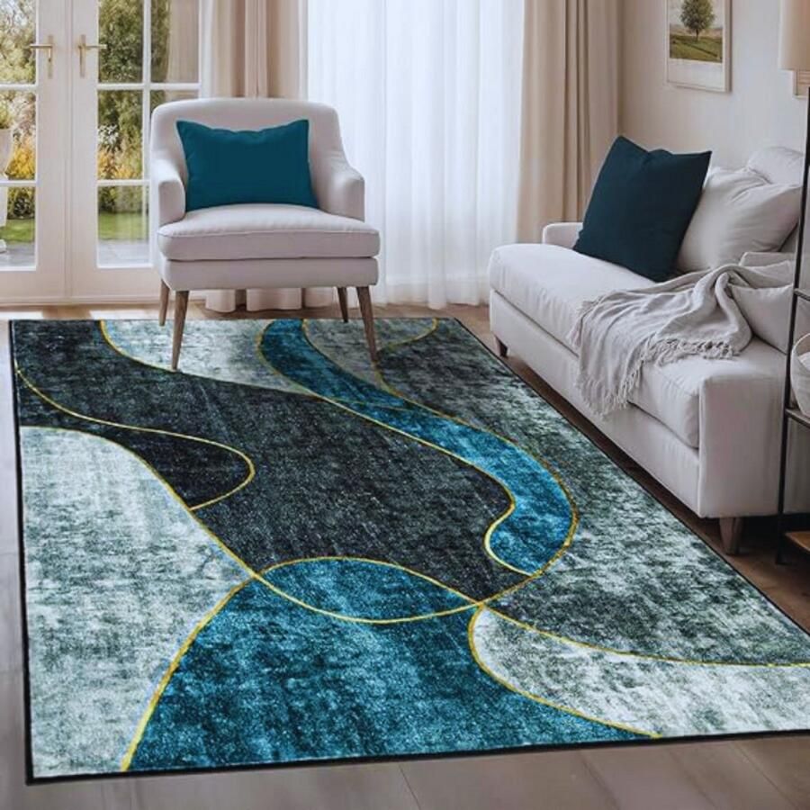 PEAM Extra Groot Laagpolig Vloerkleed 200x300 Cm – Zacht & Antislip – Modern Donkergrijs Blauw Design – Wasbaar En Niet-Pluizend – Luxe Woonkamer- En Slaapkamertapijt