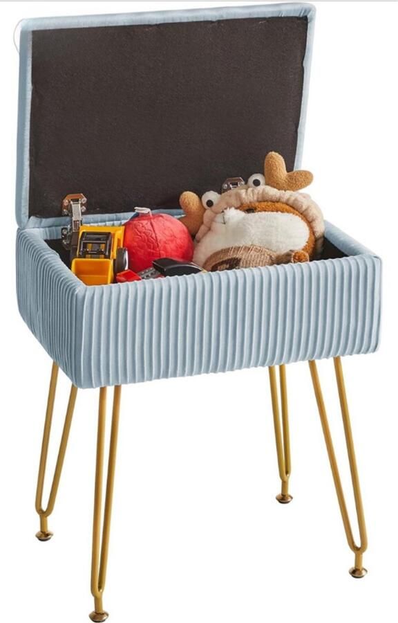 PEAM Fluwelen Make-upkruk Met Opbergruimte – Moderne Vierkante Kruk – 40x29 5x48 cm – Voor Slaapkamer Woonkamer & Kantoor – Gouden Poten – Grijsblauw (HBD024G)