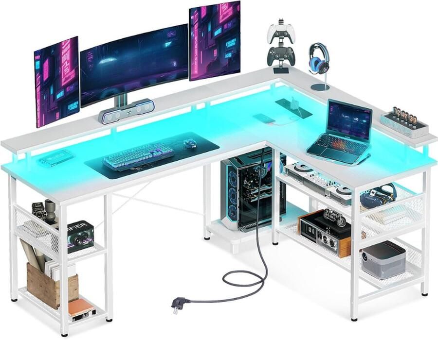 PEAM Gaming-Bureau Met LED Omkeerbaar Gamingbureau Met 2 Stopcontacten & 2 USB-Poorten Groot Gaming-Bureau Met Netplank Wit 168 x 120 cm