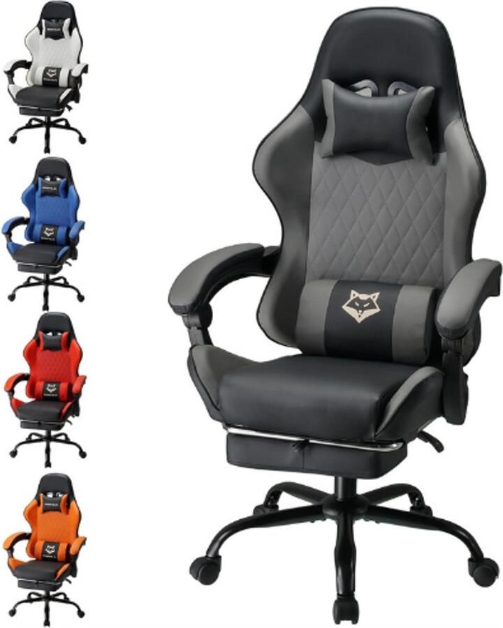 PEAM Gaming-Stoel-Bureaustoel-Draaistoel-Computerstoel-Werkstoel-Ergonomische-Racestoel-Leren-Stoel-Videogamestoel-Met-Voetsteun-Grijs