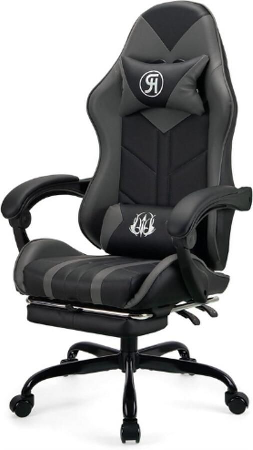 PEAM Gaming Stoel Ergonomische Bureaustoel Draaibare Racingstoel Luxe Leren Gamestoel Met Voetsteun Comfortabele Computerstoel Grijs