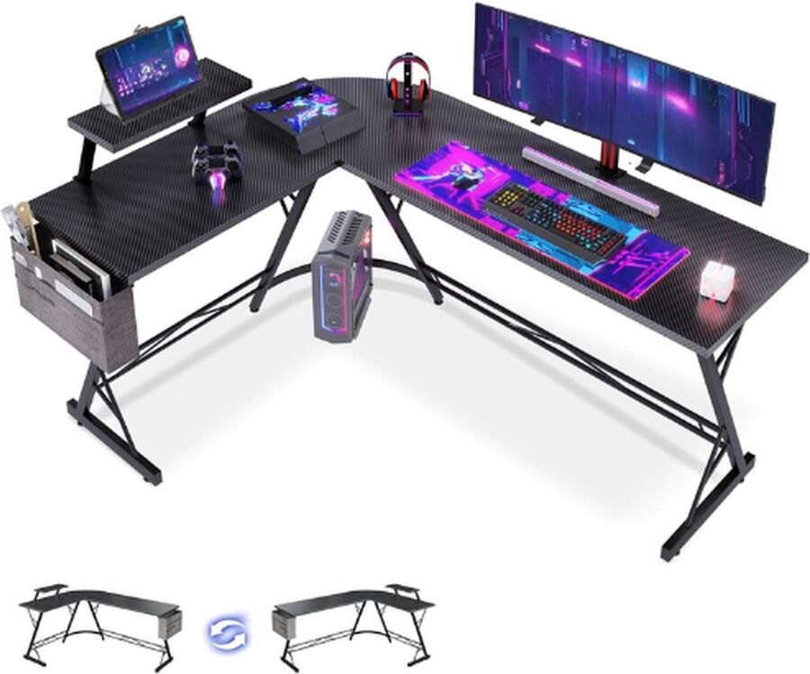 PEAM Gaming Tafel Gamingbureau Hoekbureau Voor Gamers Bureau L-Vorm Met Monitorstandaard Voor Kantoor Carbon Zwart 167 X 120 Cm ODK