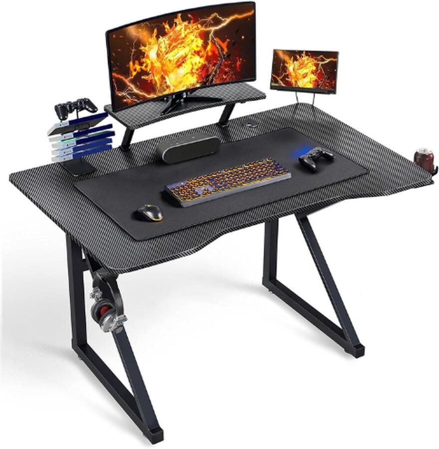 PEAM Gamingbureau 110 x 70 cm Ergonomisch Gamingbureau Speeltafel voor Computer PC Bureau voor Thuis Met Verstelbare Monitorhouder Bekerhouder Handgreephouder Zwart