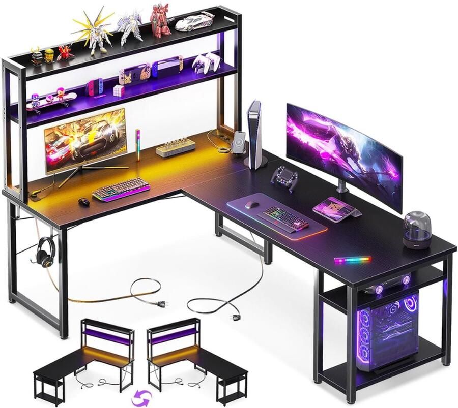 PEAM Gamingbureau Met LED-Verlichting Omkeerbaar L-Vormig Bureau 2 Stopcontacten & 2 USB-Laadpoorten Hoekbureau Met Desktop-Stand & Opbergrek 150×120 cm