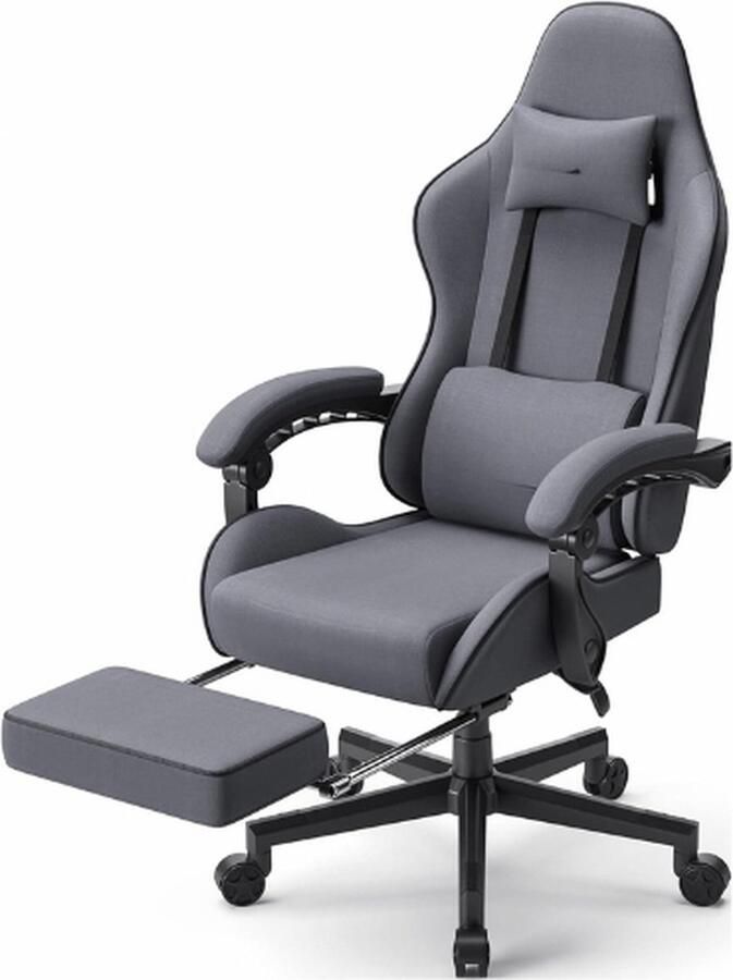 PEAM Gamingstoel Bureaustoel Stoffen Tas Lentekussen Gamingstoel Stof Met Hoofdsteun Ergonomische Gamingstoel Met Voetensteun Grijs