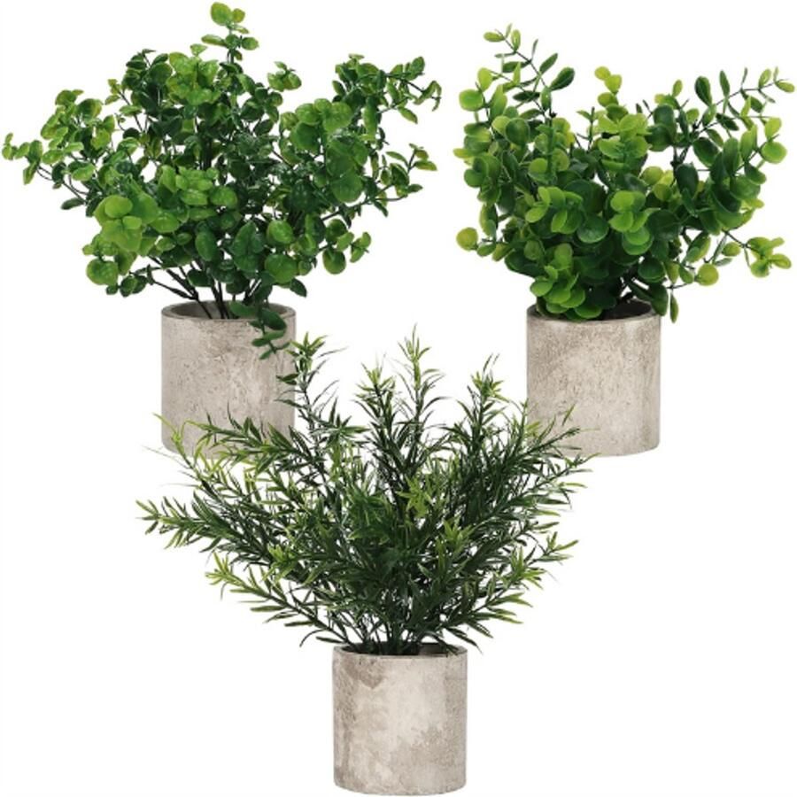 PEAM Gepotte Artificiële Eucalyptus Planten (3 Pak) Kleine Faux Plastic Groene Planten In Potten Nep Binnen Planten Voor Kantoor Huis Keuken Tuin Tafel & Badkamer Decoratie