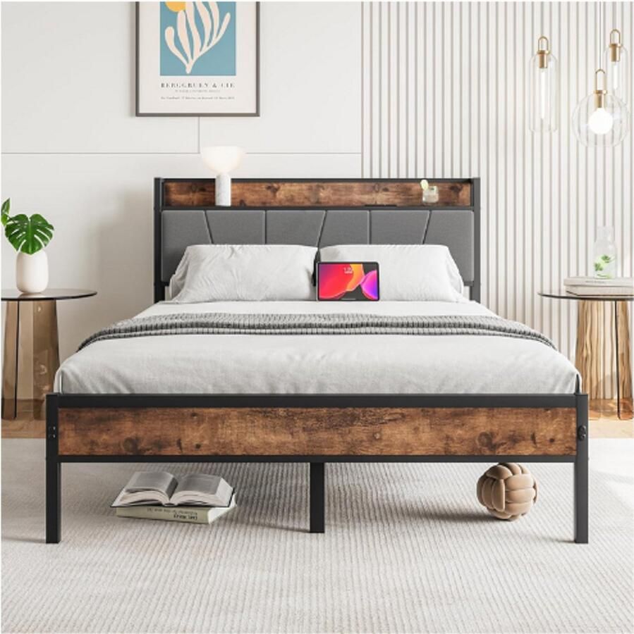 PEAM Gestoffeerd Bed van Metaal Bedframe 120 x 200 cm met Lattenbodem en Houten Opbergruimte Hoofdeinde voor Slaapkamer en Logeerkamer