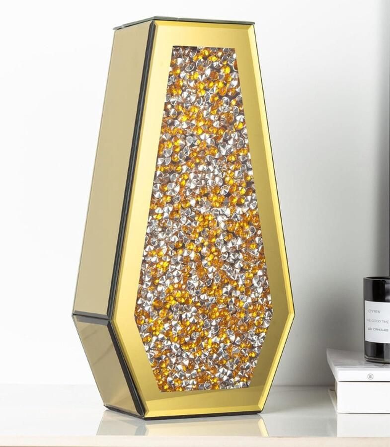 PEAM Gouden Glazen Vaas 36 Cm Luxe Grote Vaas Met Kristallen Diamanten Moderne Decoratieve Vaas Voor Woondecoratie Tafel En Ingang