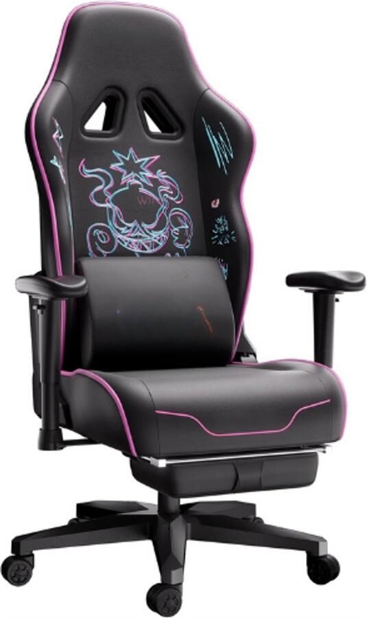 PEAM Graffiti Bureaustoel Ergonomische Bureaustoel Verstelbare Schommelstoel Slijtvast Superzacht PU-Leer Met Borduurwerk Lendensteun en Voetensteun Paars