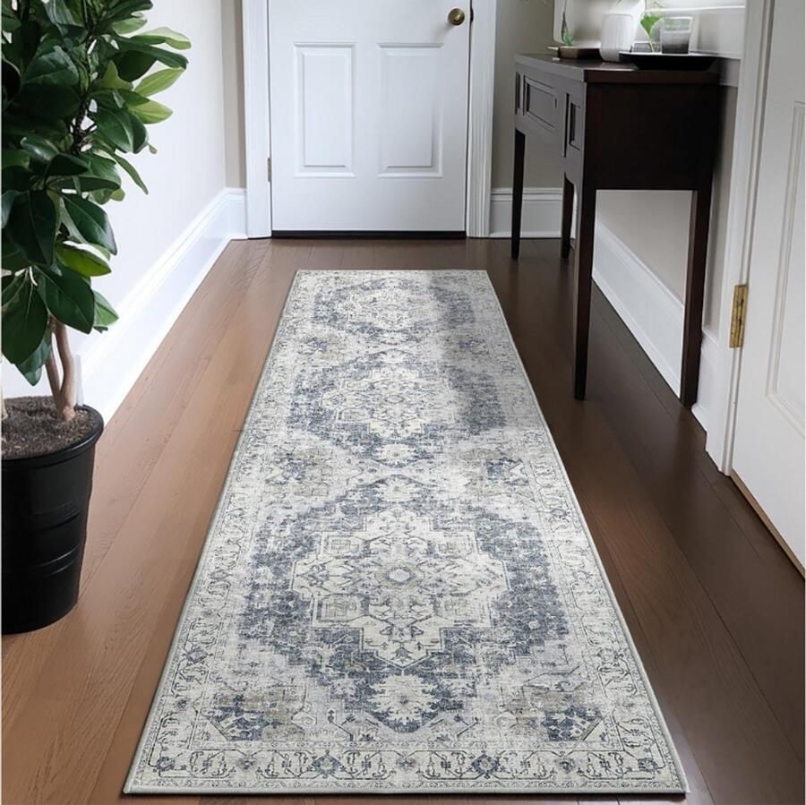 PEAM‎ Grijze Loper Wasbaar Superdun Vintage Bloementapijt Laagpolig Oosters Tapijt Voor Gang Keuken Slaapkamer Woonkamer Eetkamer Kantoor 60 X 210 Cm