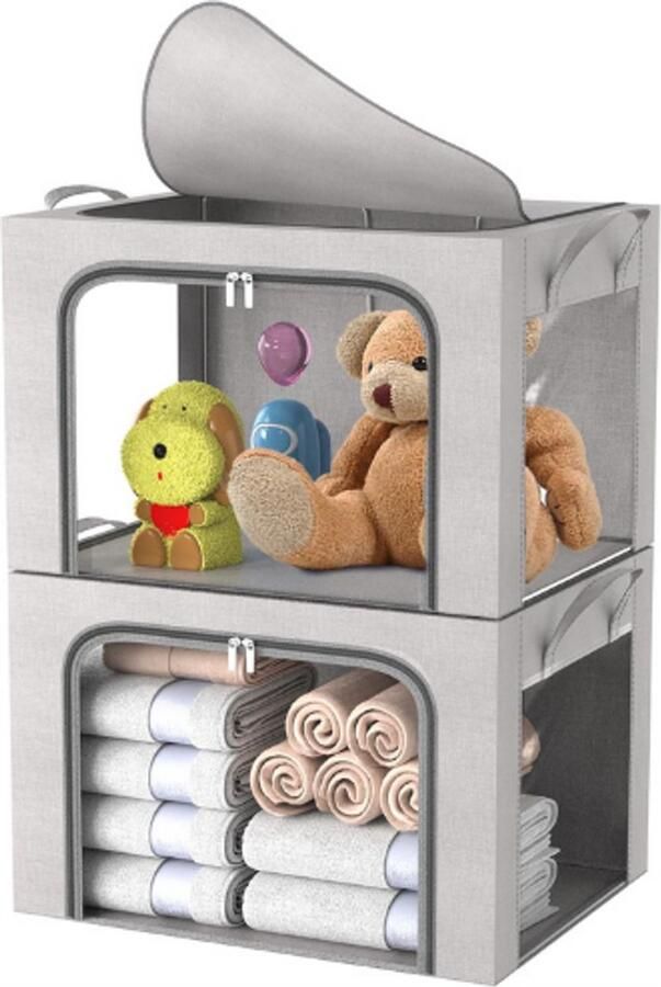 PEAM Grijze-Opbergdozen-Set-Van-2-Met-Metalen-Frame-Opvouwbaar-En-Stapelbaar-24L-Kastopbergers-Voor-Dekens-En-Beddengoed