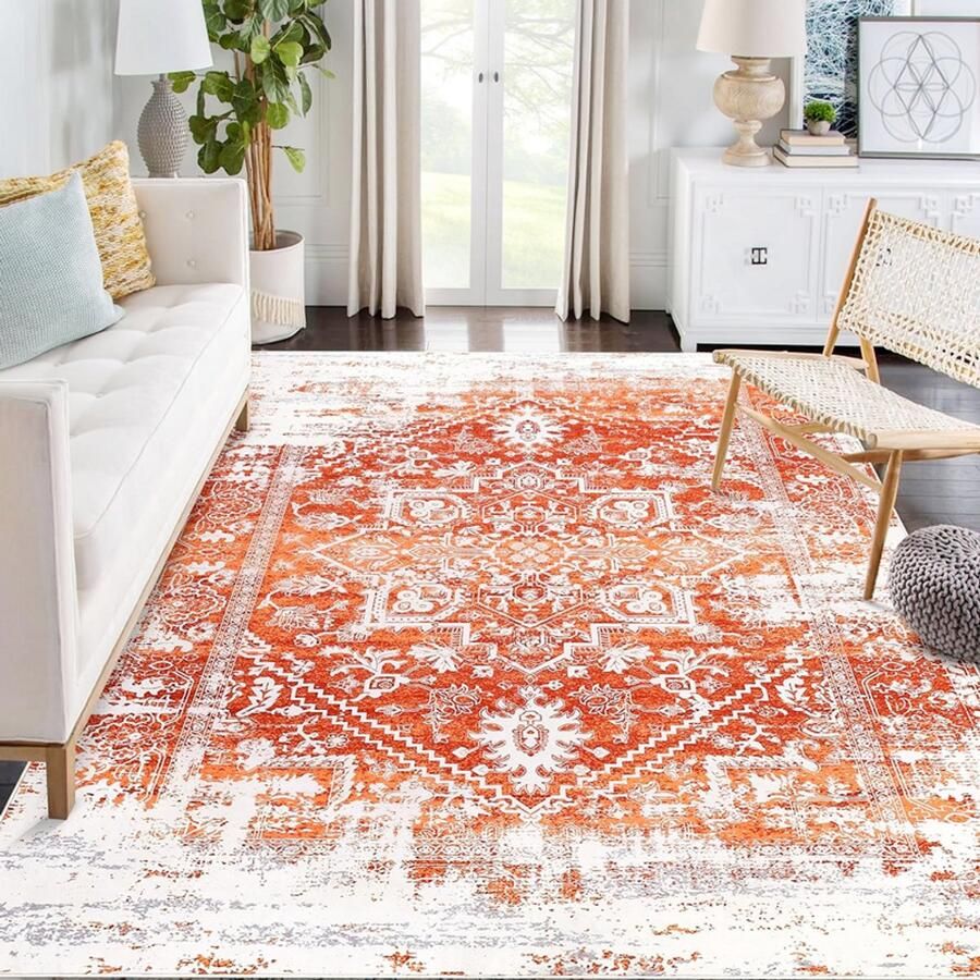 PEAM Groot Wasbaar Vloerkleed 200x290 Cm Zacht Laagpolig Tapijt Met Bloemenpatroon Oranje Antislip Binnenmat Voor Woonkamer En Slaapkamer