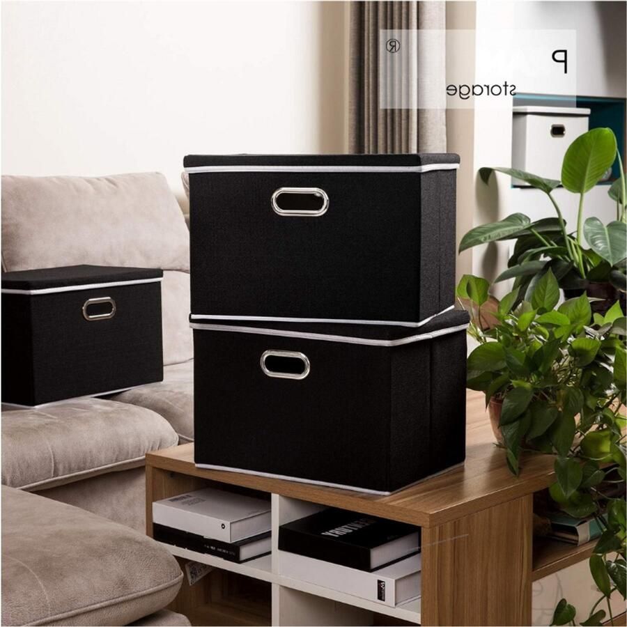 PEAM Grote Opvouwbare Opbergdozen Met Deksel Opvouwbare Organizer Containers Mandenset Voor Thuis Slaapkamer Kast Kantoor En Kinderkamer Kaki-Zwart 3 Stuks 45 x 30 x 30 cm