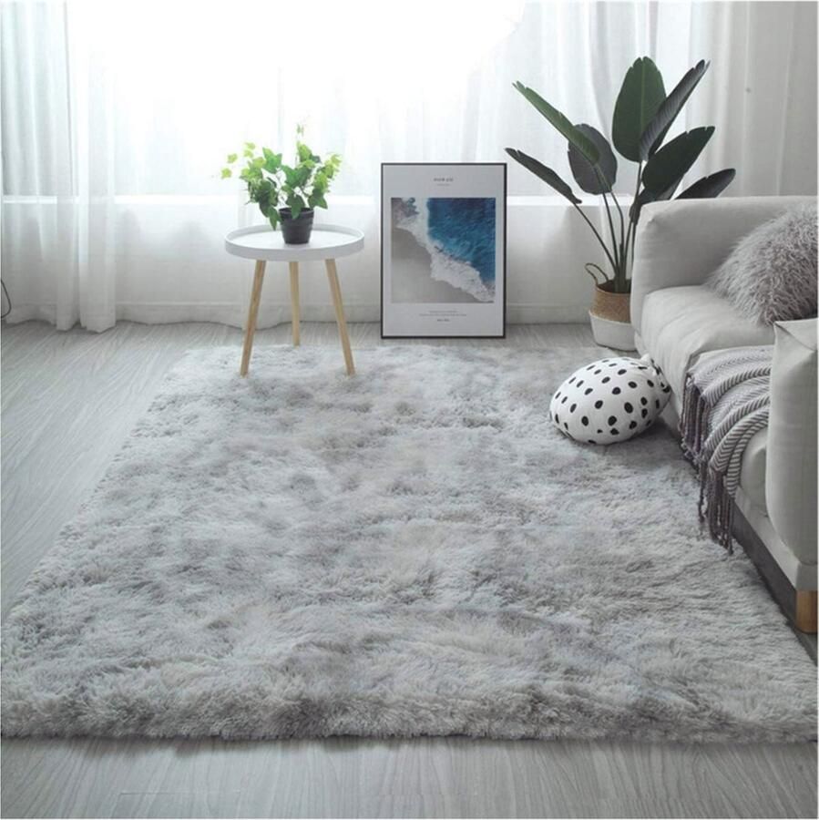 PEAM Modern Shaggy Vloerkleed Zacht Antislip Tapijt Voor Woonkamer En Slaapkamer Woondecoratie Grijs Wit 140x200 Cm