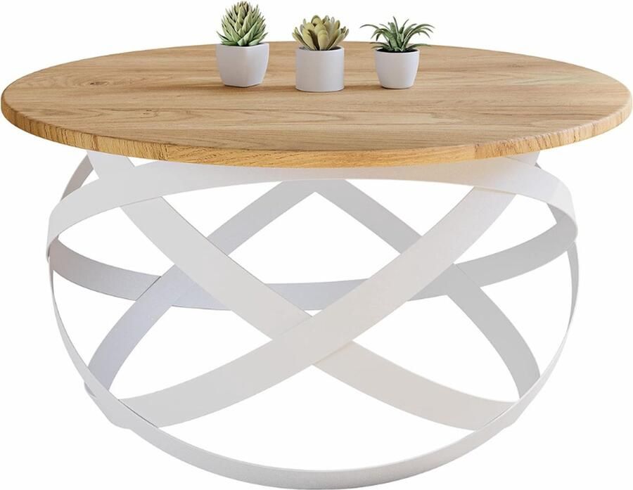 PEAM Handgemaakte Ronde Salontafel Van Massief Natuurlijk Eikenhout – Modern En Minimalistisch Industrieel Design Ø70x40 Cm